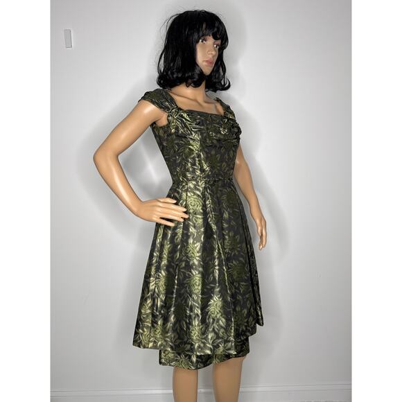 Vintage 1950s Olive Gold Brocade Cocktail Dress with Boned Bodice XS - Picture 8 of 17